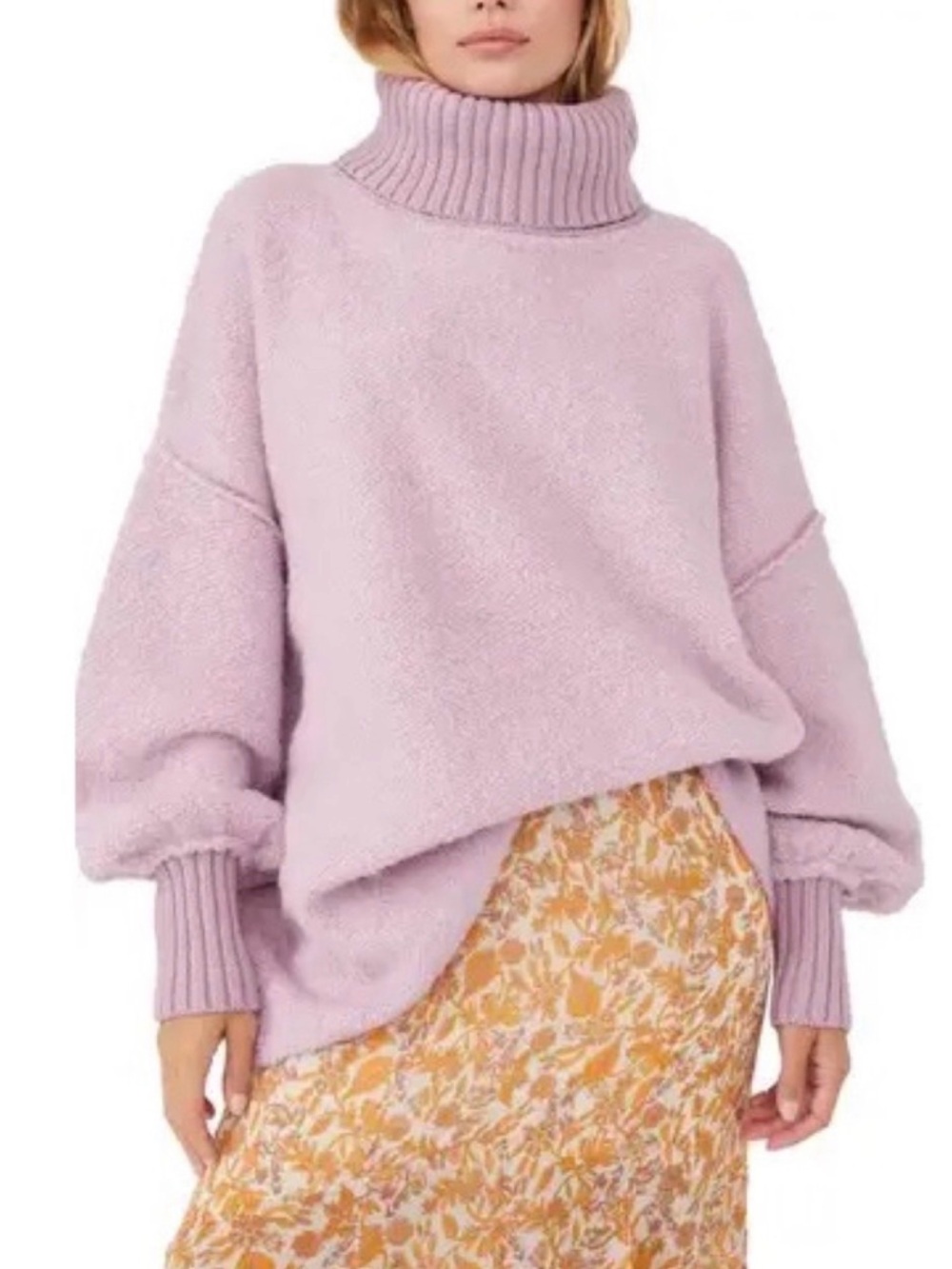 Free People Lavender Bouclé Turtleneck Sweater Pink Lilac Oversized sz M